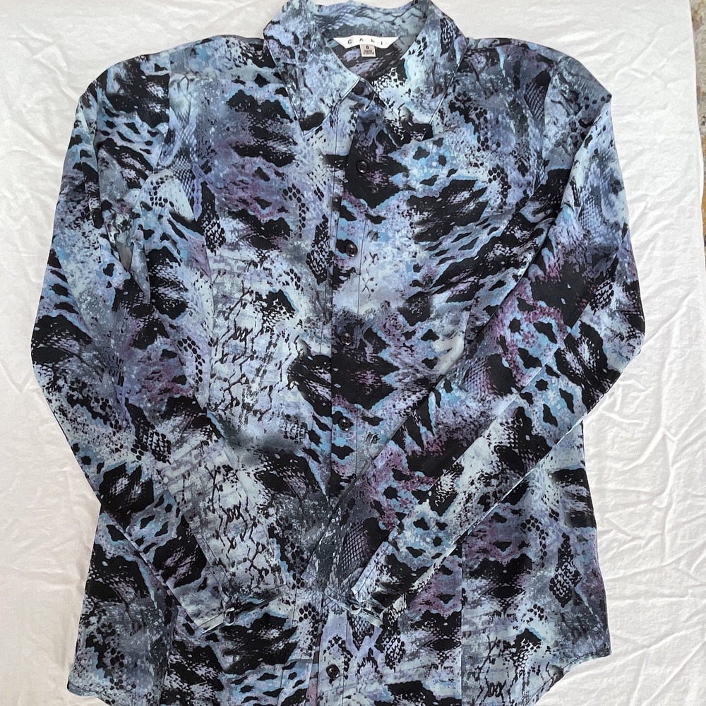 CAbi Blue Black‎ Purple Abstract Button-Up Collared Chiffon Blouse S #600